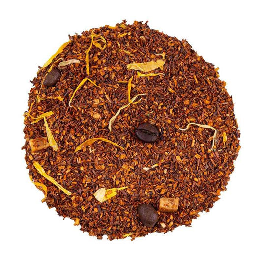 Ceai aromatic cu caramel și cafea Rooibos Teekrone - pachet de 100 g, aromă blândă, gălbenele