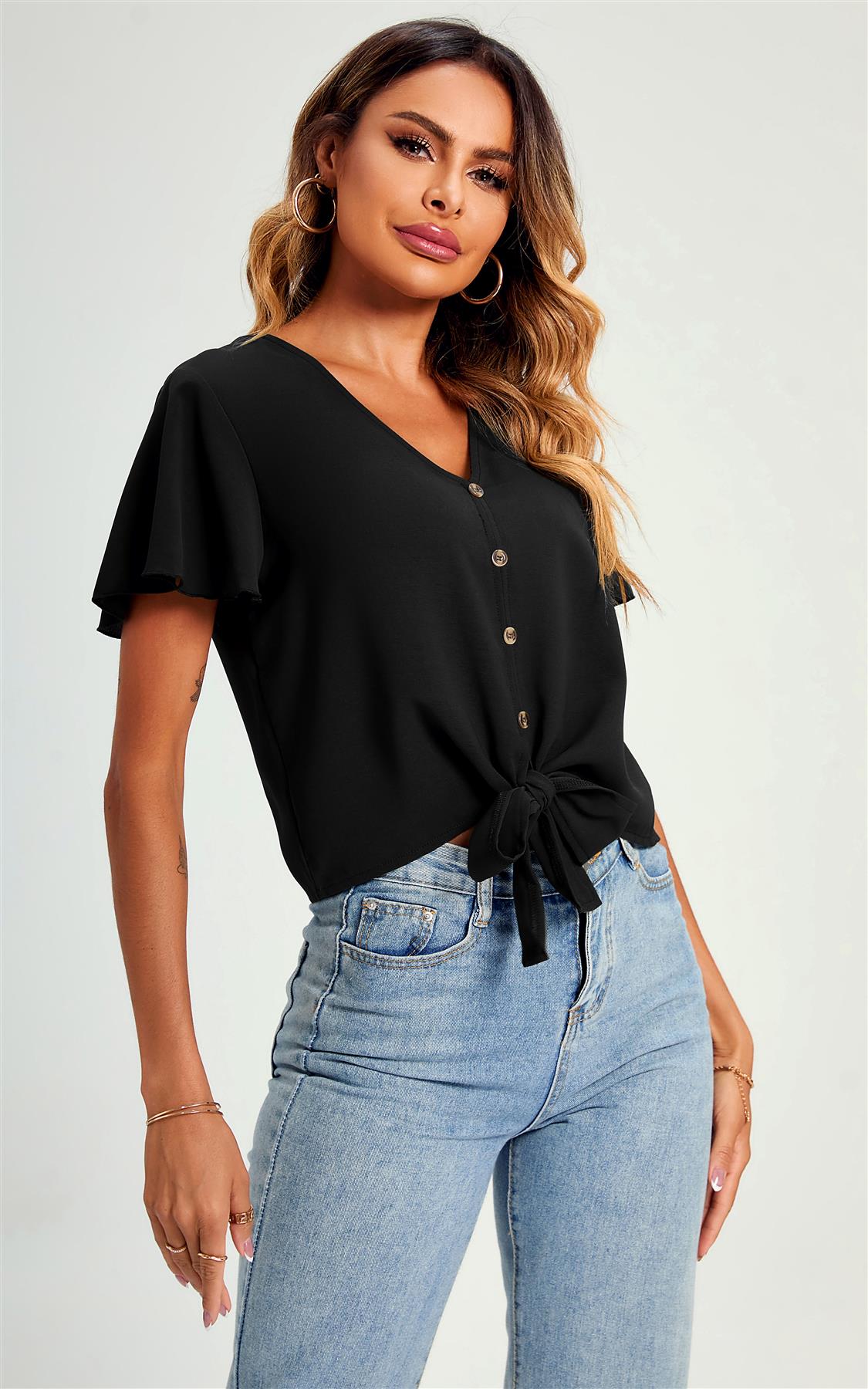 Cute Tie Knot Front Buttoned Crop T Shirt Top In Black