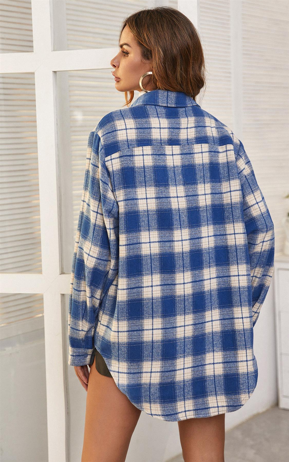White Brushed Check Oversized Pocket Detail Shacket Shirt Jacket In Blue