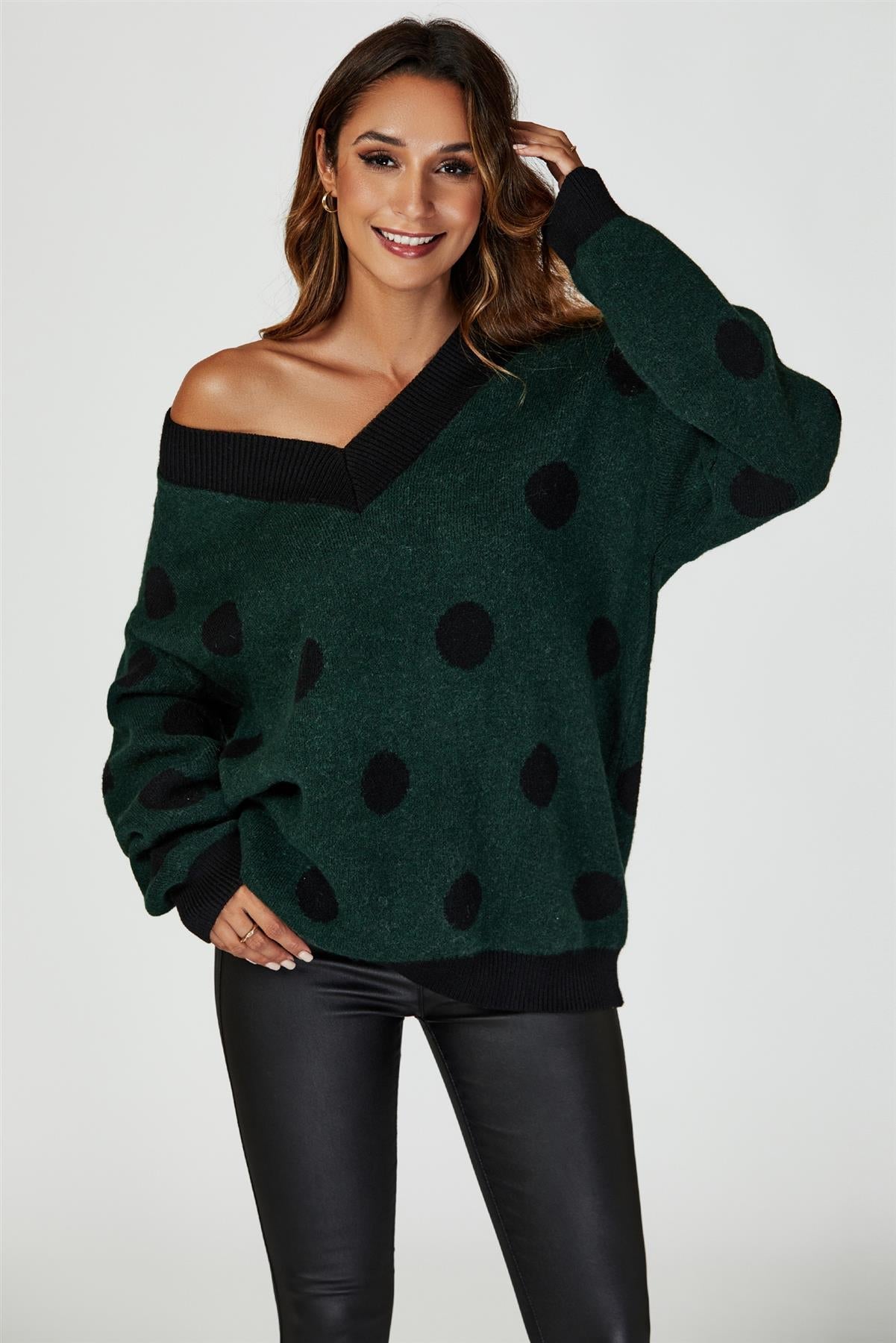 Wool Blended V Neck Jumper In Green & Black Polka Dot