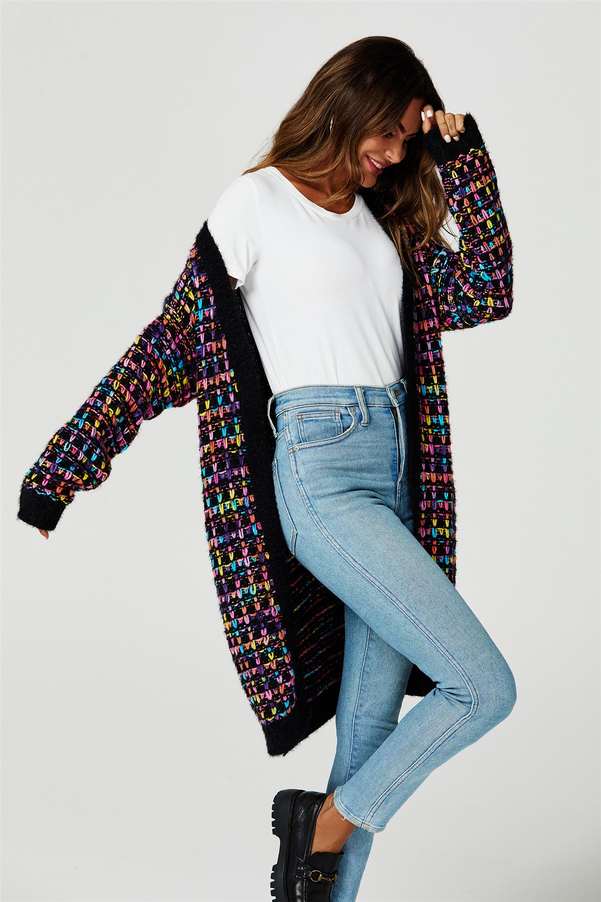 Rainbow Multicolour Speckles Boucle Check Cardigan In Black