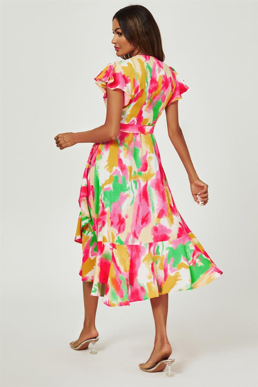 Rochie midi înfășurată cu imprimeu floral abstract, roz