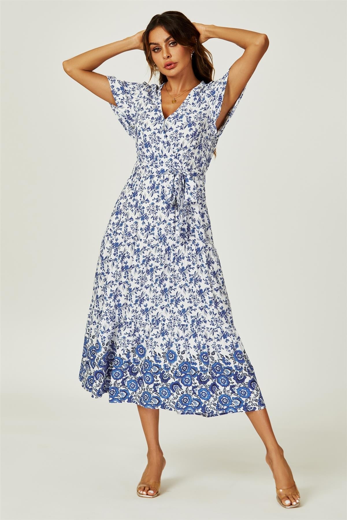 Rochie midi cu imprimeu floral și tiv în straturi, albă