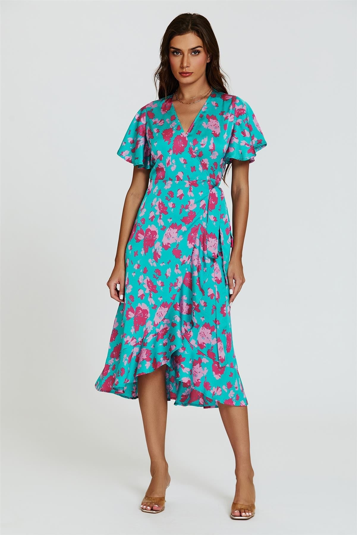 Turquoise & Hot Pink Print Angel Sleeve Wrap Midi Dress