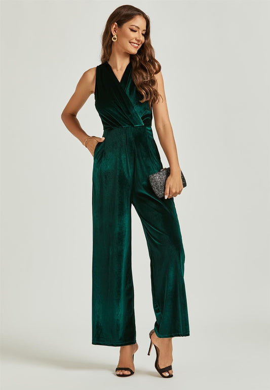 Velvet Wrap Jumpsuit In Green