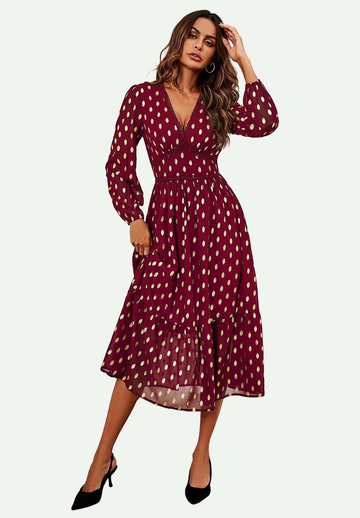 Lace Trim Foil Long Sleeve Maxi Dress In Wine
