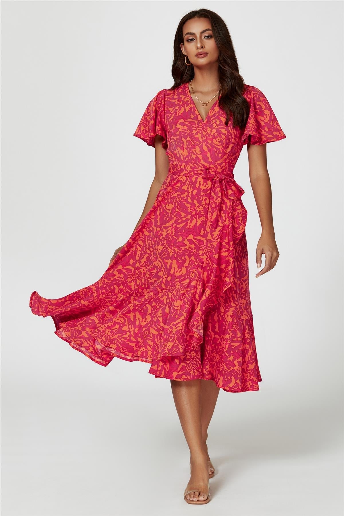 Rochie midi înfășurată cu imprimeu abstract fuchsia