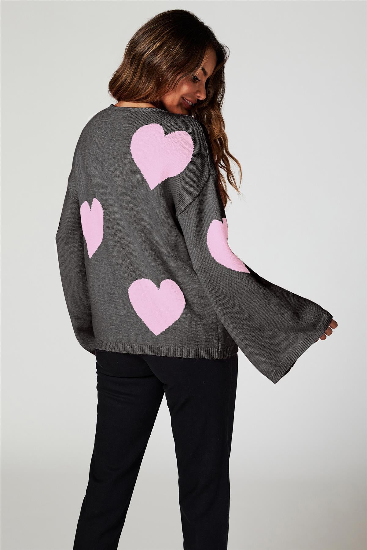 Heart Patten Wide Sleeve Oversize Jumper In Dark Grey