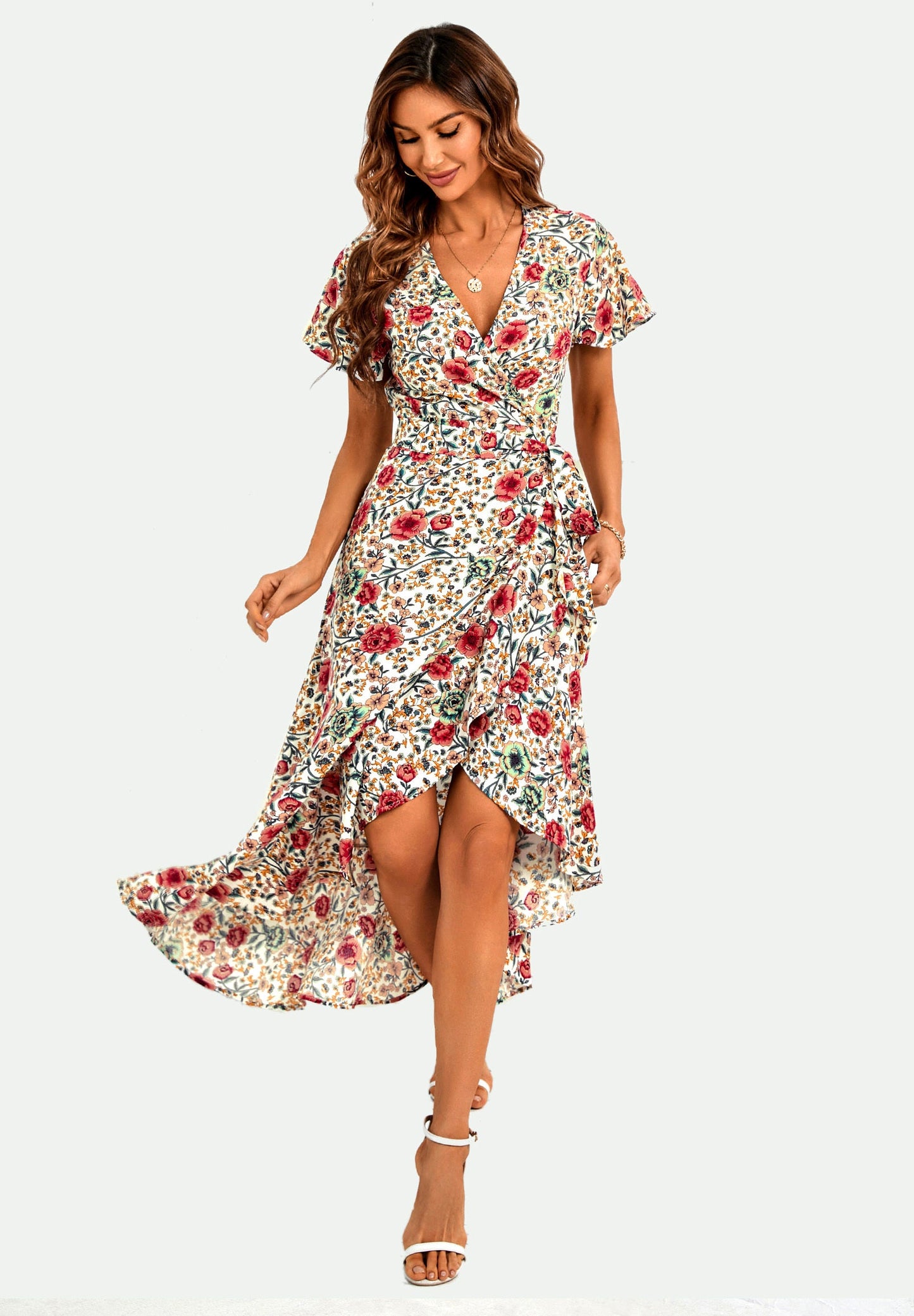 Angel Sleeve Hem Detail Midi Wrap Dress in Offwhite