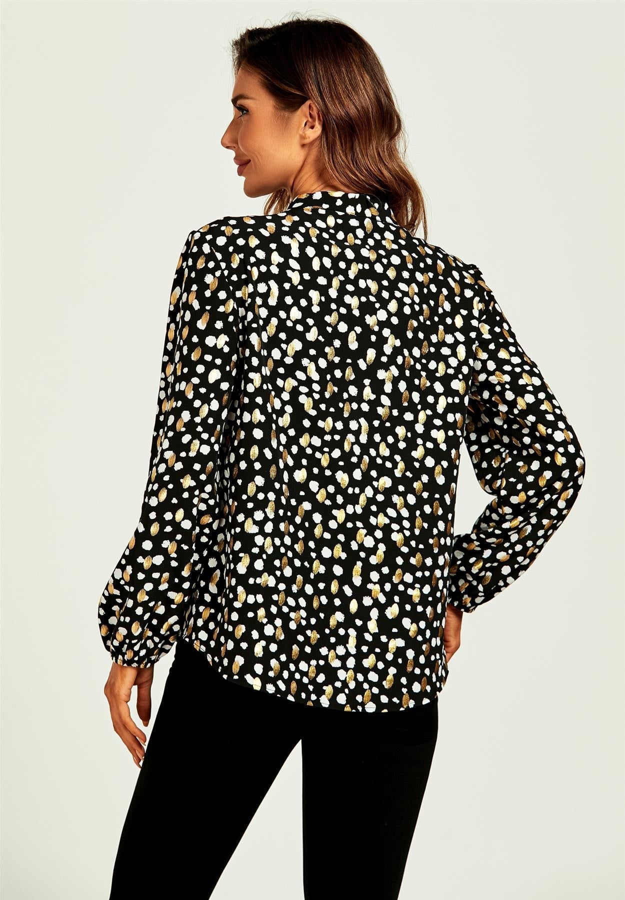 Gold Foil Leopard Print Pussybow Blouse/Top In Black