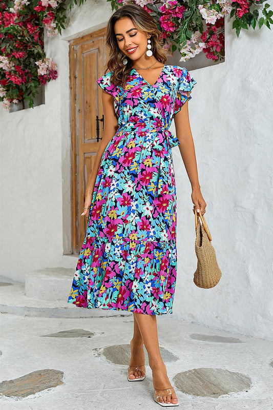 Rochie înfășurată cu imprimeu floral multicolor, bleumarin