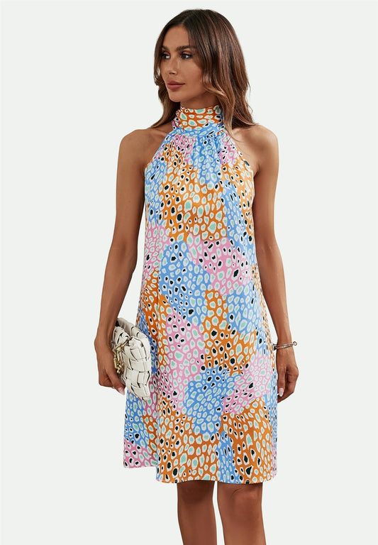 Leopard Print Halter Neck Tie Back Mini Dress In Pink & Blue & Yellow
