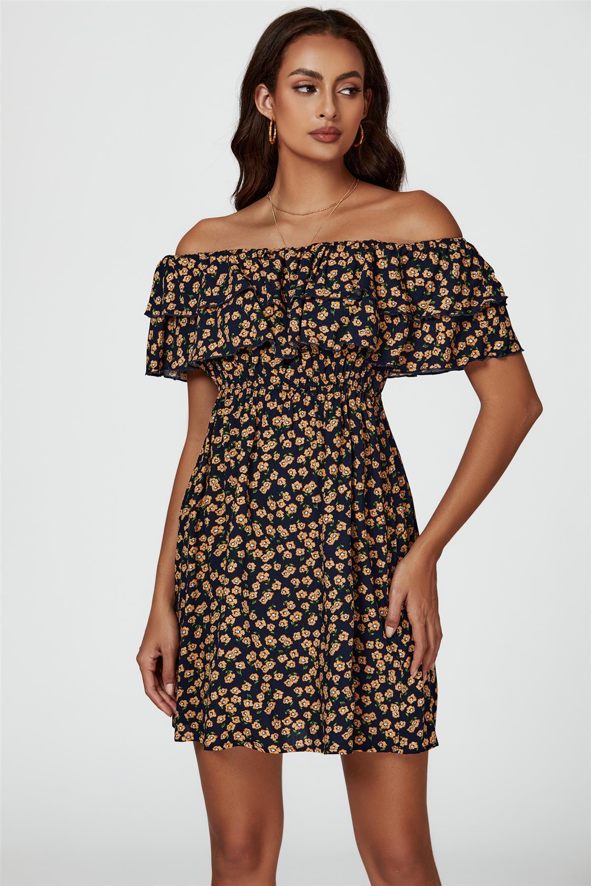 Floral Print Bardot Frill Mini Dress In Navy