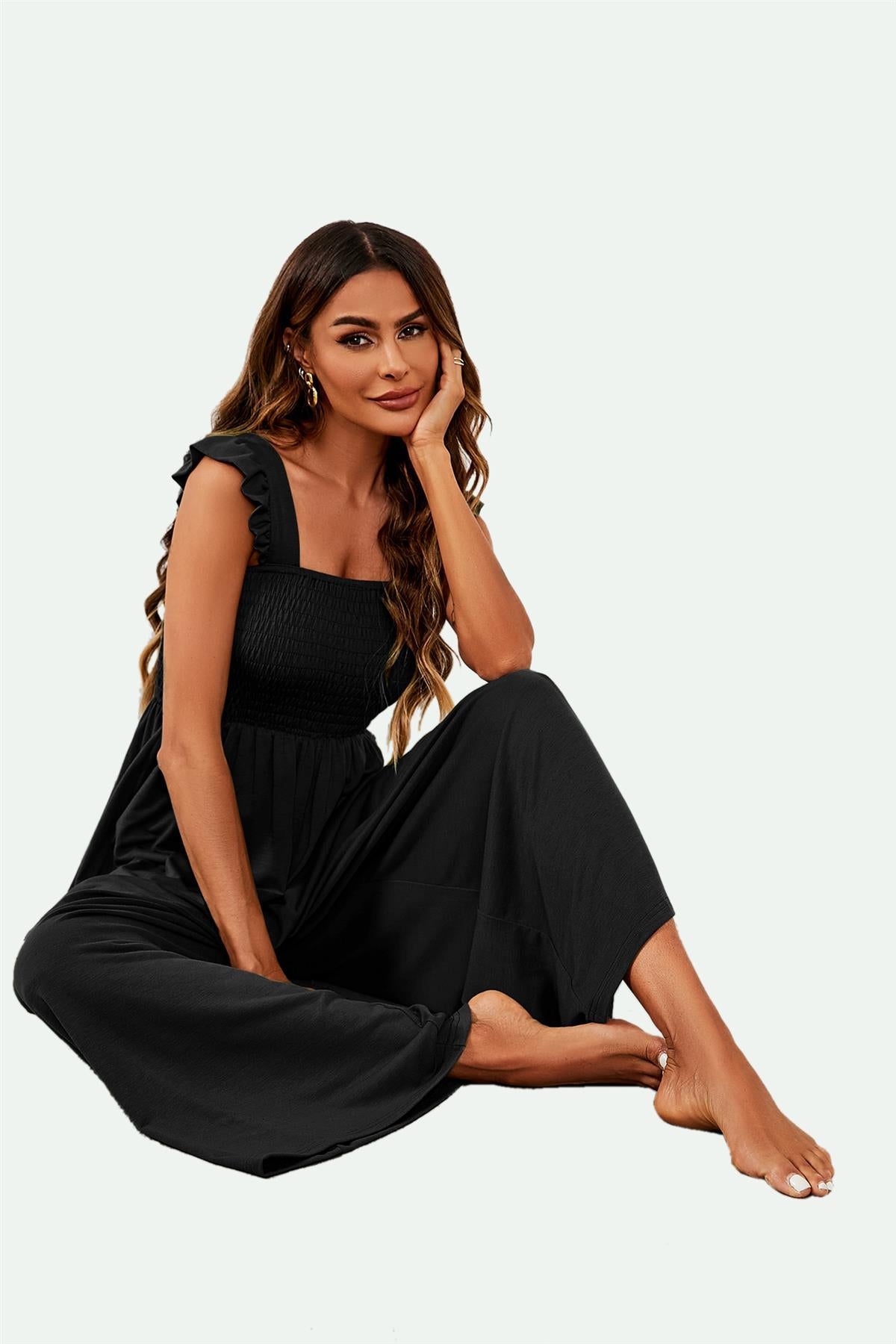 Frill Detail Strappy Jumpsuit In Black