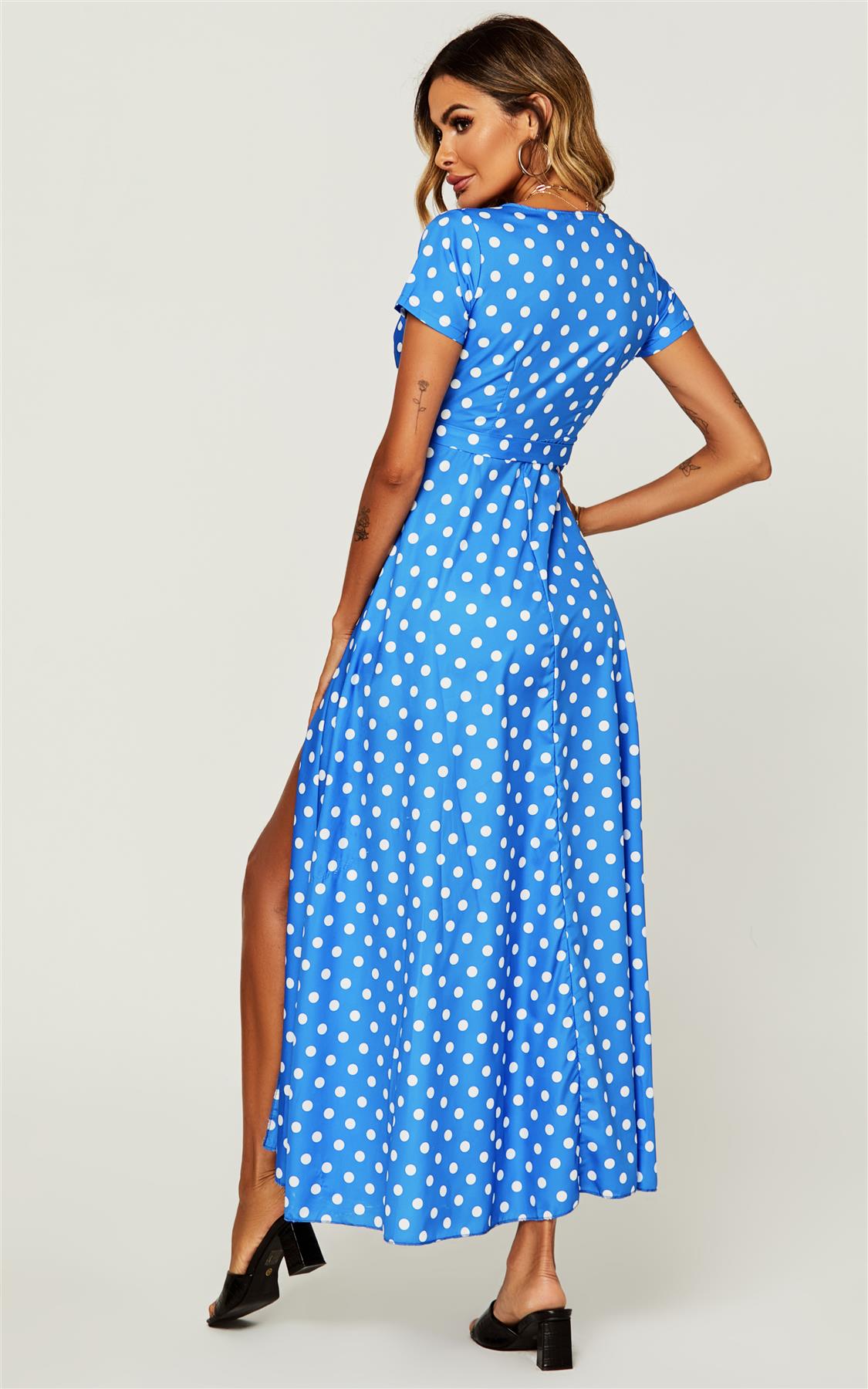 Polka Dot Print High Waist Wrap Dress In Royal Blue