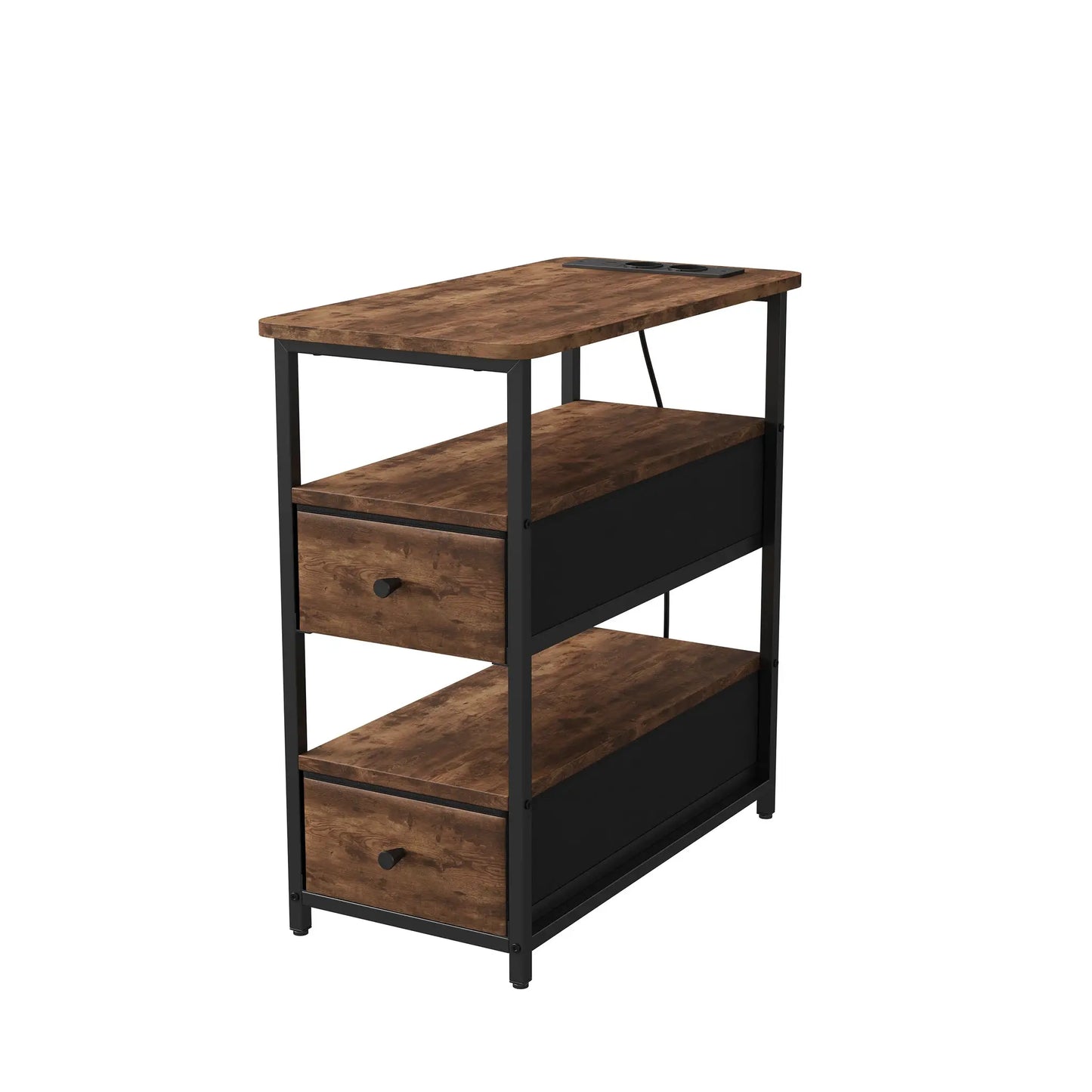 WOODENAURA Nachttisch mit zwei Stoffschubladen, LED-Licht + Ladestation, offenes Regal, Beistelltisch, braun, vierstufiger Aufbewahrungsschrank by Golden Bridge Store