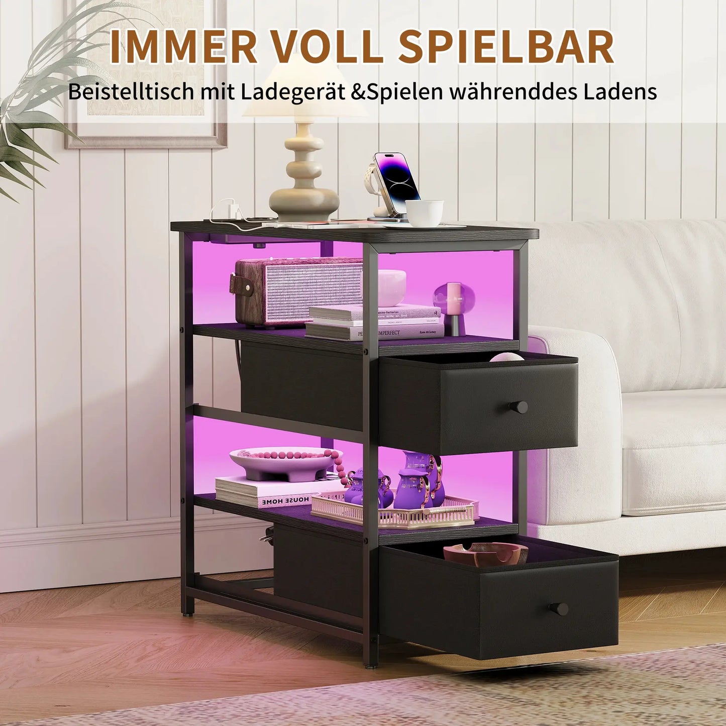 WOODENAURA Vierstöckiger Nachttisch mit zwei Stoffschubladen, LED-Licht + Ladestation, offenes Regal, Beistelltisch, schwarz by Golden Bridge Store