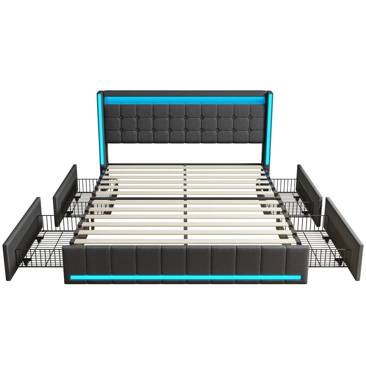 Bett 140x200cm Mit 4 Schubladen Und LED RGB Beleuchtung App Steuerbar