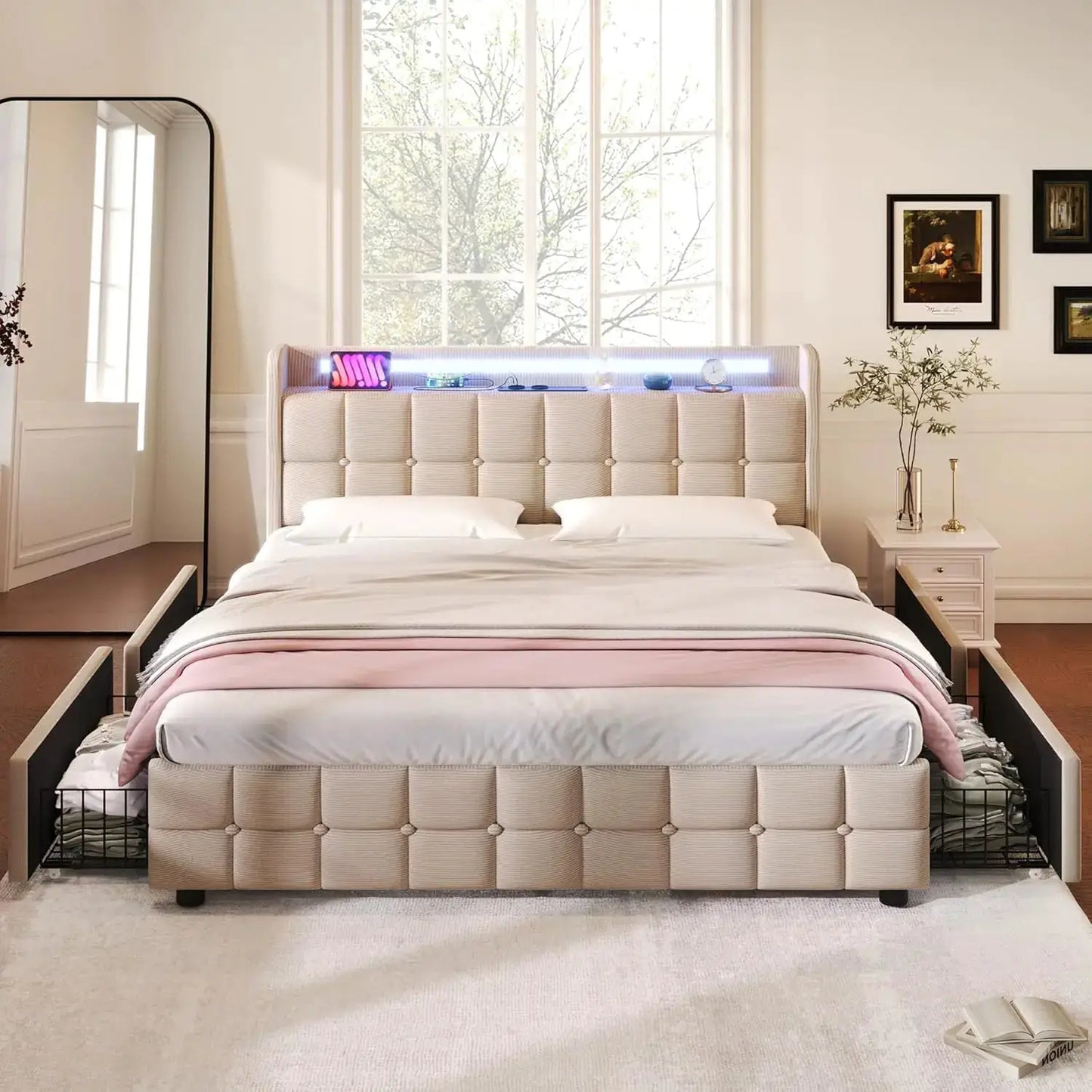 Doppelbett 160x200 cm Mit LED-Beleuchtung Und 4 Schubladen