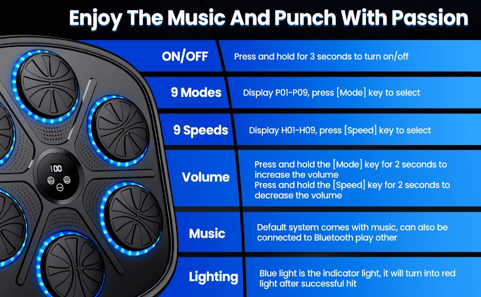 Smart Music Boxenmaschine mit RGB-Rhythmus-Lichtern & Bluetooth - Wandmontiertes Punch-Target, Erwachsene/Kinder-Handschuhe inklusive für Home-Gym