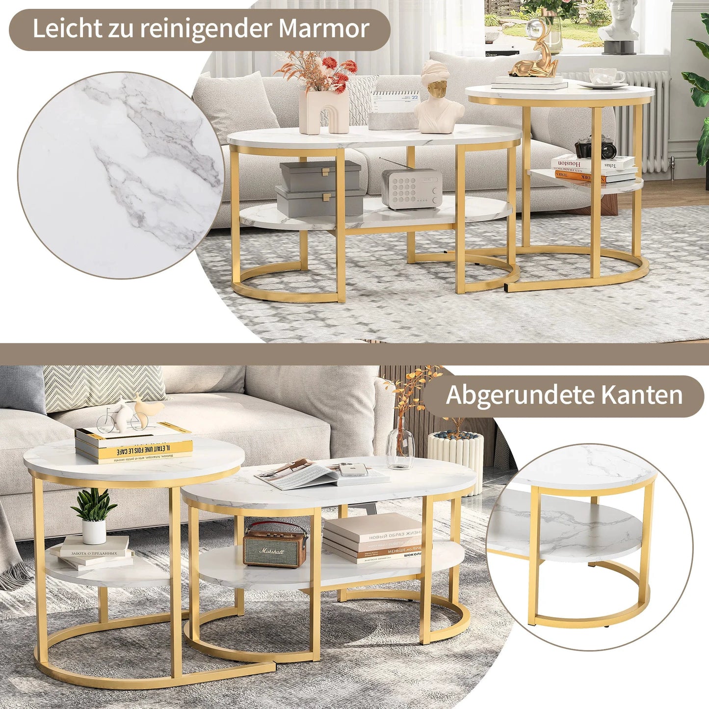 WoodenAura Couchtisch-Set 2-tlg Marmormuster Tischplatte Metallrahmen