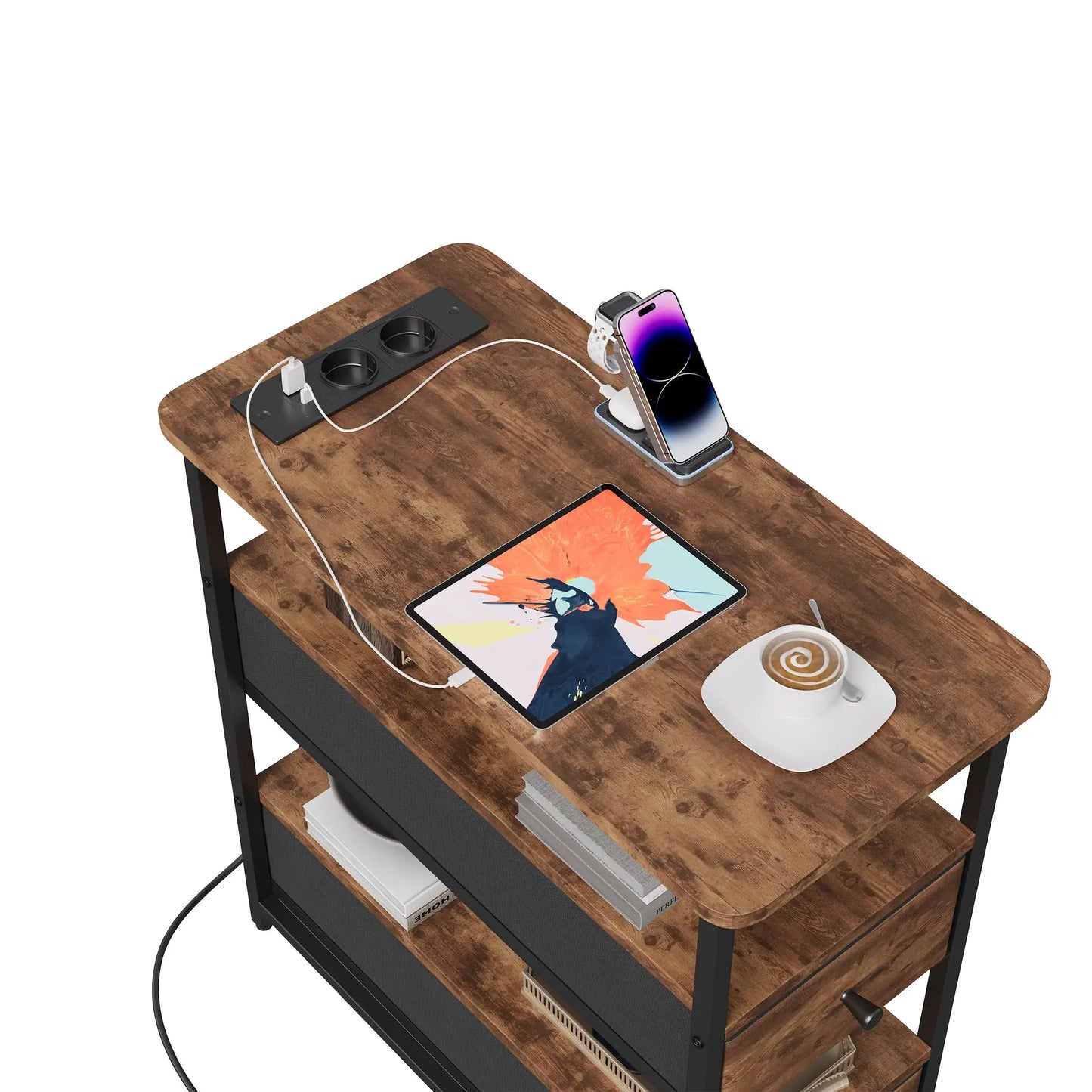 WOODENAURA Nachttisch mit zwei Stoffschubladen, LED-Licht + Ladestation, offenes Regal, Beistelltisch, braun, vierstufiger Aufbewahrungsschrank by Golden Bridge Store
