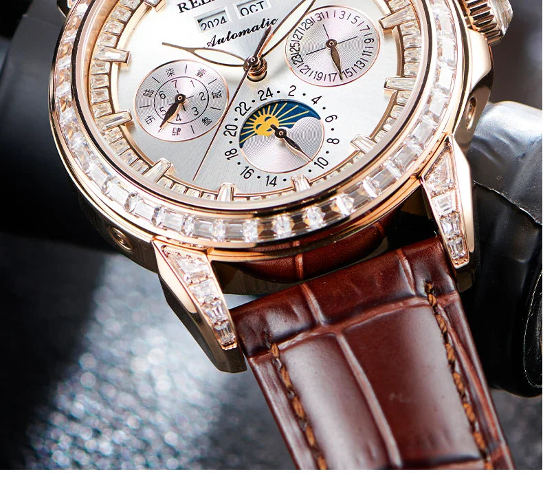 Automatic moonphase  watch by reef tiger diamonds bezel blue dial