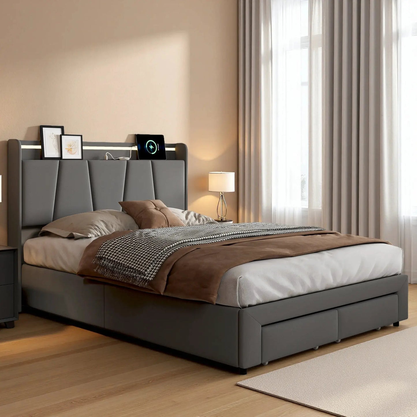 Bett 140x190cm Mit Stauraum Und LED Beleuchtung Mit Ausziehbaren Schubladen