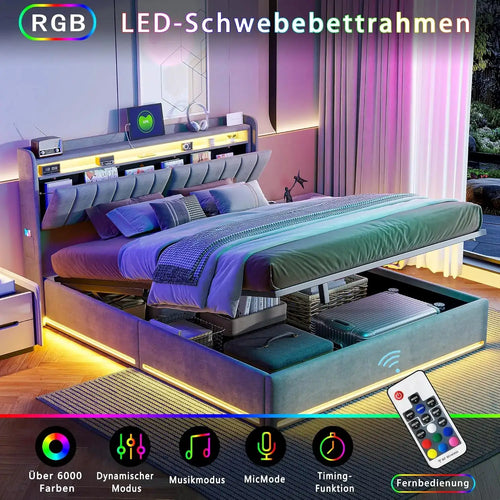 Polsterbett mit LED Beleuchtung und USB Ladefunktion Stauraum Kopfteil