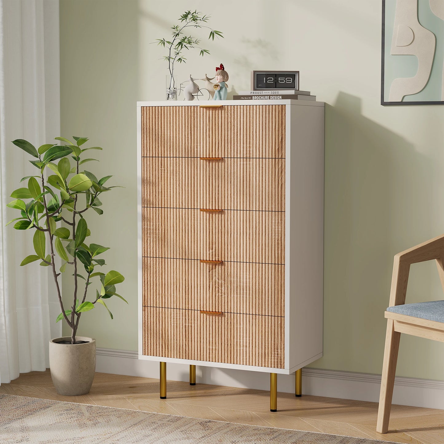 Anajqaqia Nachttisch Massivholz 5 Schubladen Goldene Beine