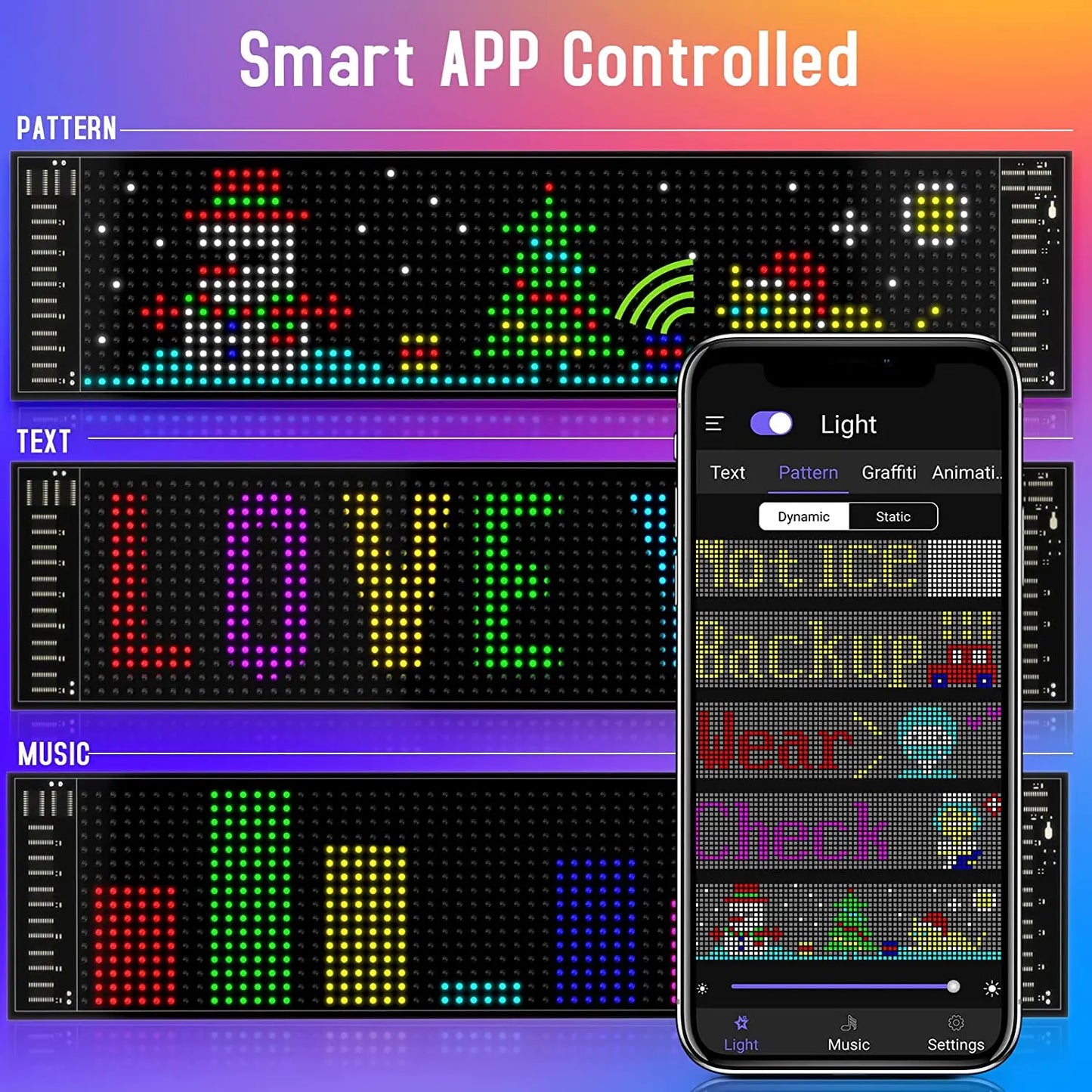 LED-Matrix-Pixel-Panel, Scrollendes Helliges Werbe-LED-Schild, Flexibles USB 5V LED-Auto-Schild Bluetooth-App-Steuerung