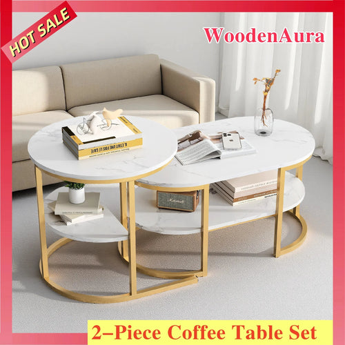 WoodenAura Couchtisch-Set 2-tlg Marmormuster Tischplatte Metallrahmen
