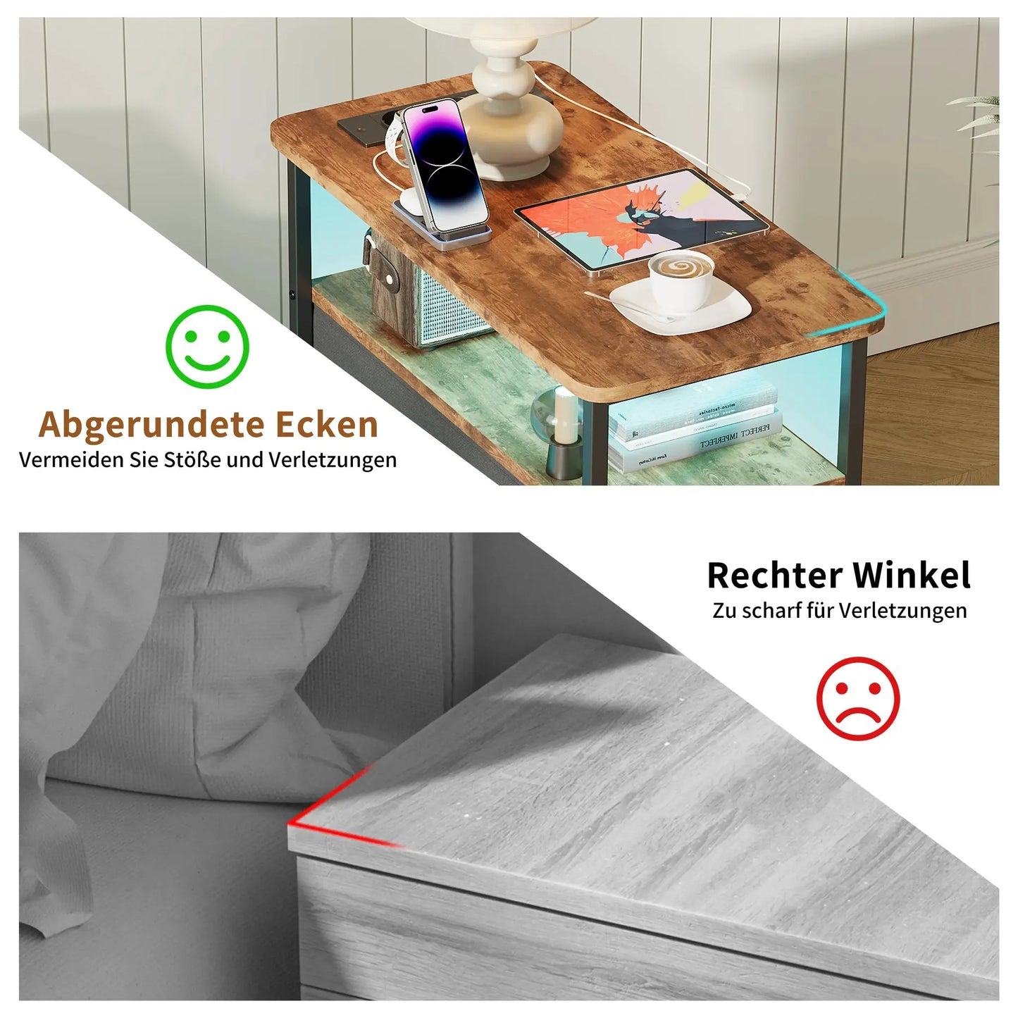 WOODENAURA Nachttisch mit zwei Stoffschubladen, LED-Licht + Ladestation, offenes Regal, Beistelltisch, braun, vierstufiger Aufbewahrungsschrank by Golden Bridge Store
