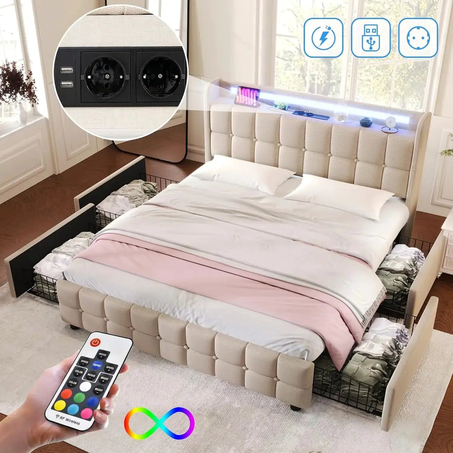 Doppelbett 160x200 cm Mit LED-Beleuchtung Und 4 Schubladen