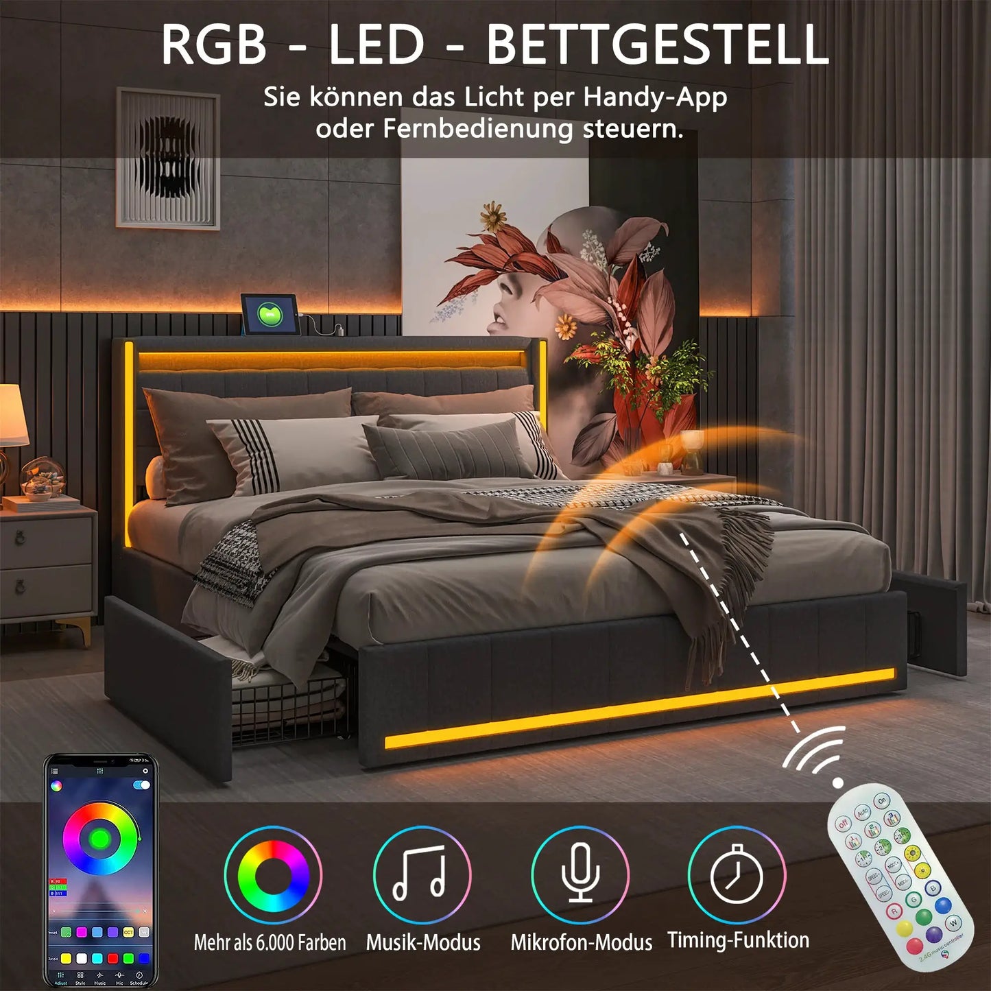 Bett 140x200cm Mit 4 Schubladen Und LED RGB Beleuchtung App Steuerbar