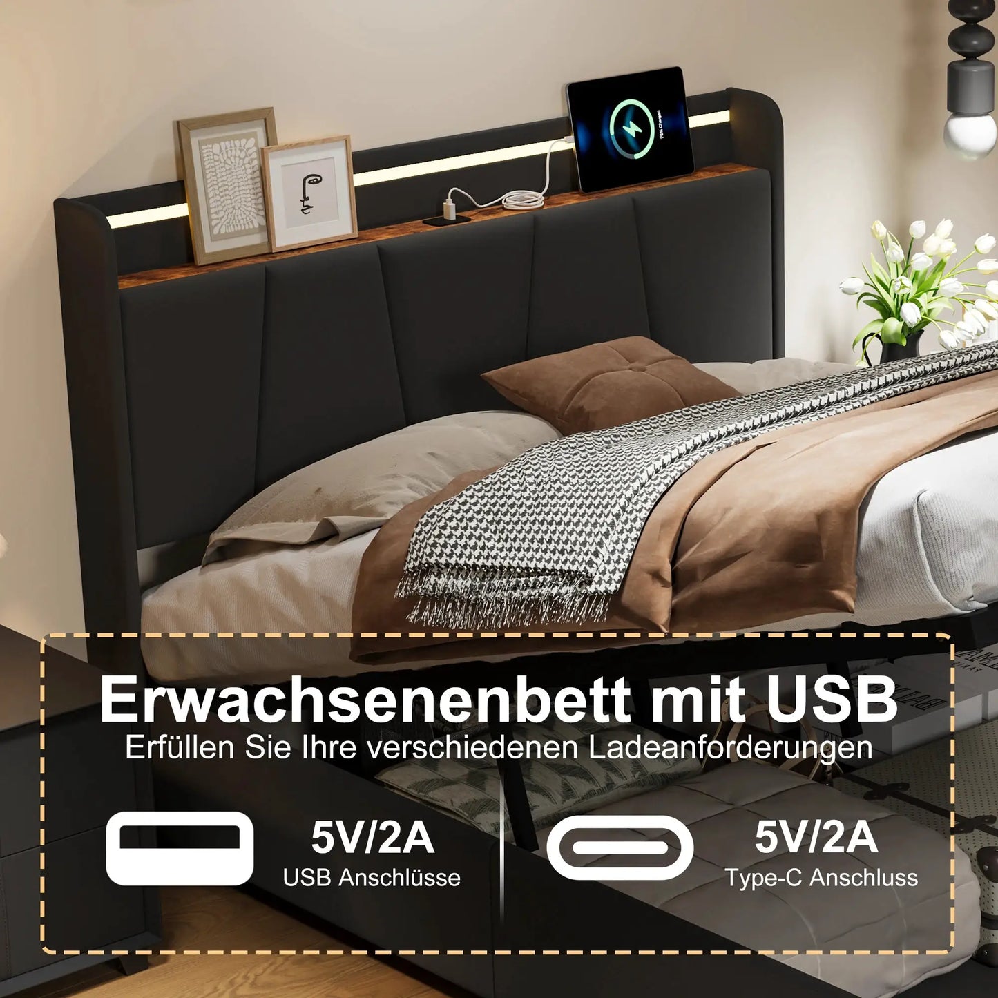 Bett 140x190cm Mit Stauraum Und LED Beleuchtung Mit Ausziehbaren Schubladen