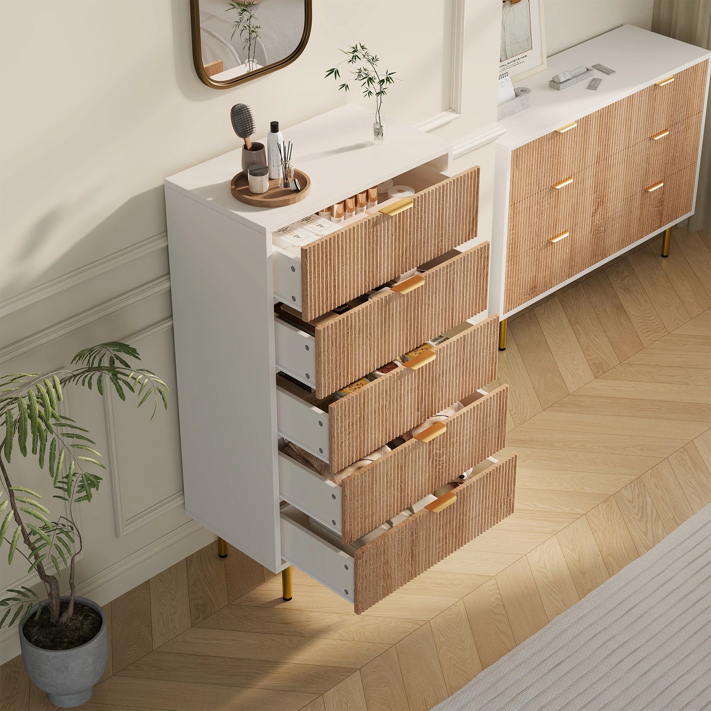 Anajqaqia Nachttisch Massivholz 5 Schubladen Goldene Beine