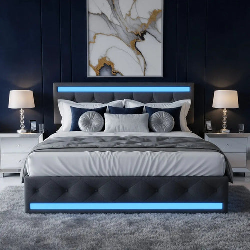 Verstellbares Doppelbett LED RGB USB Typ C Grau Mit Stauraum