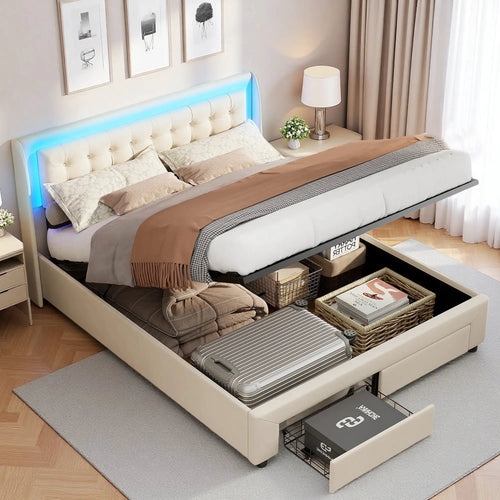 Polsterbett 140x190 Mit Schubladen Und LED Kopfteil