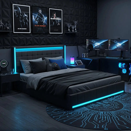 Bett 140x200cm Mit 4 Schubladen Und LED RGB Beleuchtung App Steuerbar