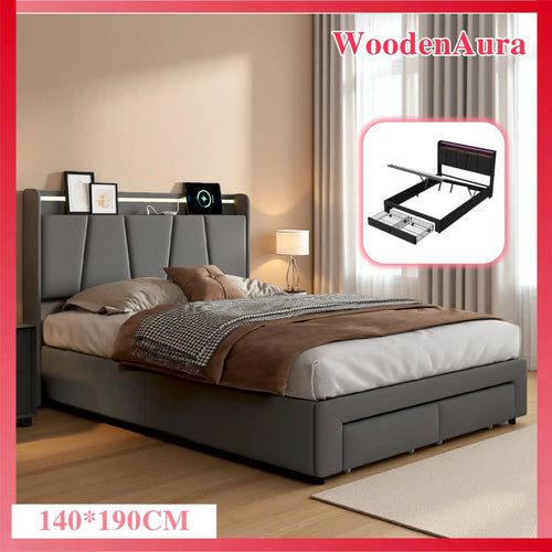 Bett 140x190cm Mit Stauraum Und LED Beleuchtung Mit Ausziehbaren Schubladen