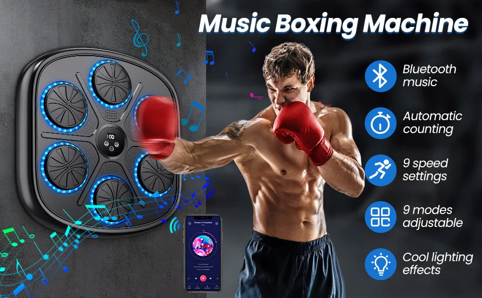 Smart Music Boxenmaschine mit RGB-Rhythmus-Lichtern & Bluetooth - Wandmontiertes Punch-Target, Erwachsene/Kinder-Handschuhe inklusive für Home-Gym