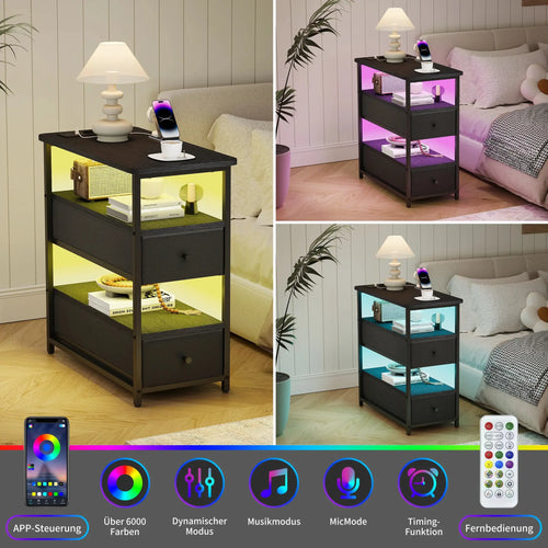 WOODENAURA Vierstöckiger Nachttisch mit zwei Stoffschubladen, LED-Licht + Ladestation, offenes Regal, Beistelltisch, schwarz
