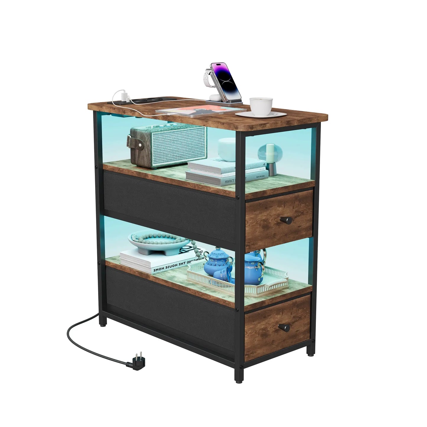WOODENAURA Nachttisch mit zwei Stoffschubladen, LED-Licht + Ladestation, offenes Regal, Beistelltisch, braun, vierstufiger Aufbewahrungsschrank by Golden Bridge Store