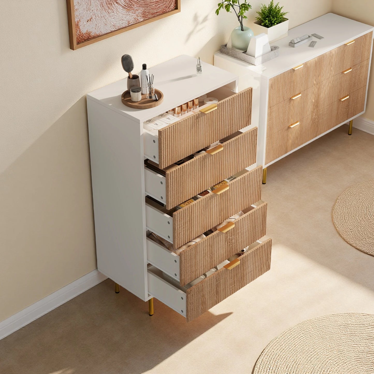 Anajqaqia Nachttisch Massivholz 5 Schubladen Goldene Beine