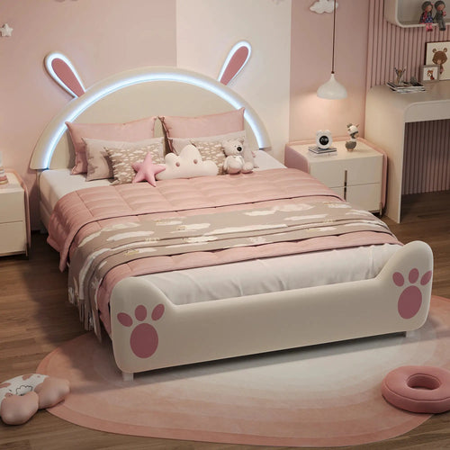 Kinderbett Mit LED Beleuchtung Kopfteil Hasenohren Für Kinderzimmer