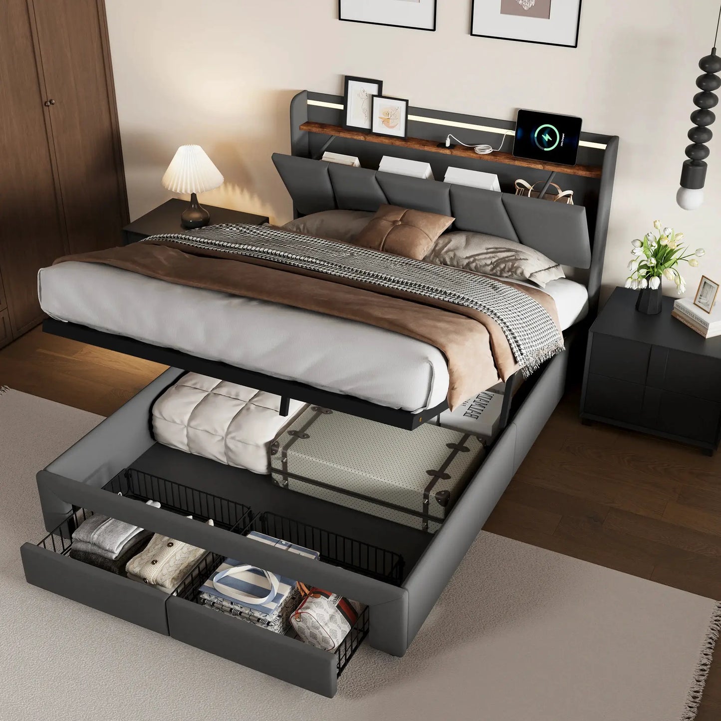 Bett 140x190cm Mit Stauraum Und LED Beleuchtung Mit Ausziehbaren Schubladen