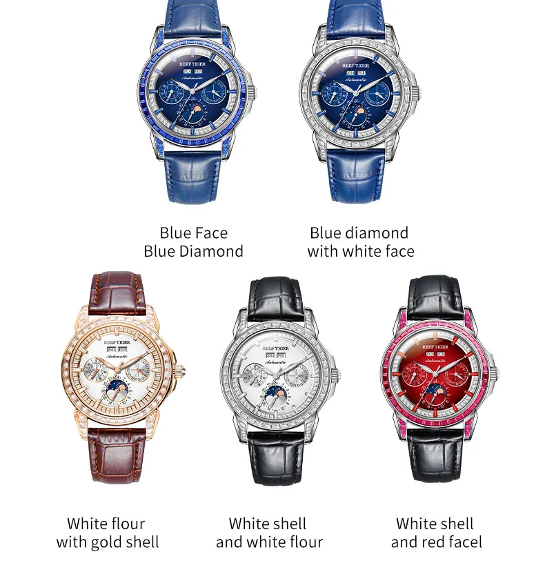 Automatic moonphase  watch by reef tiger diamonds bezel blue dial