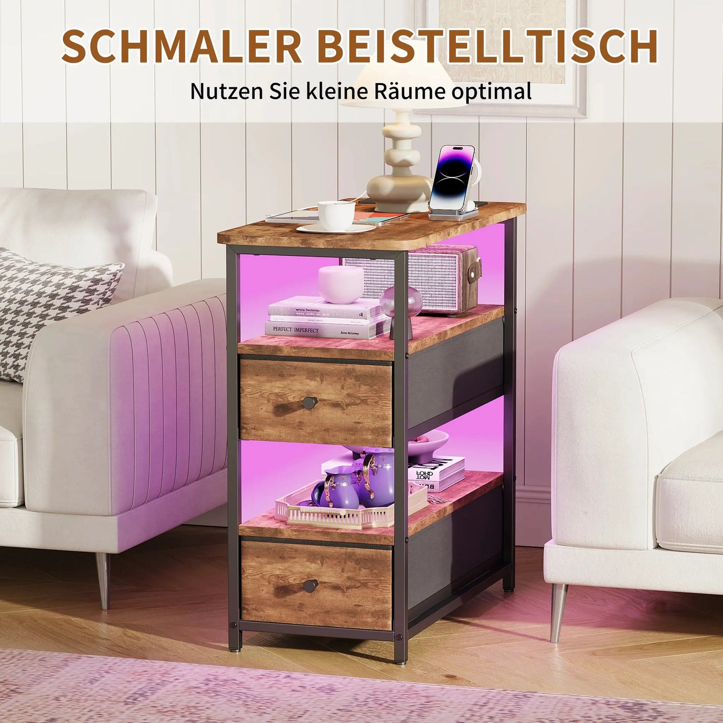 WOODENAURA Nachttisch mit zwei Stoffschubladen, LED-Licht + Ladestation, offenes Regal, Beistelltisch, braun, vierstufiger Aufbewahrungsschrank by Golden Bridge Store