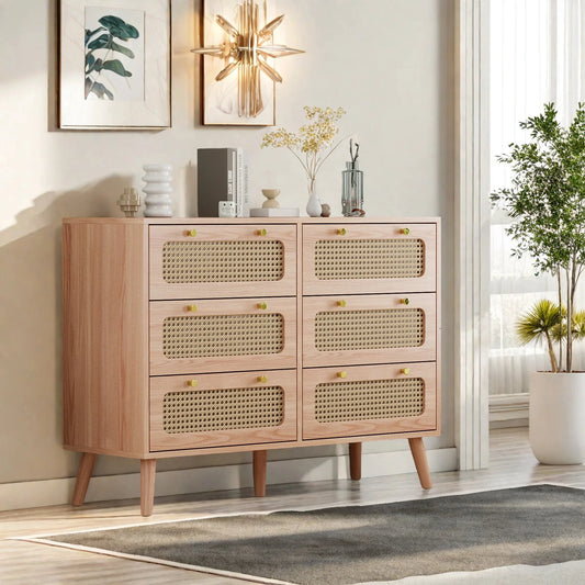 Anajqaqia Rattan Aufbewahrungsschrank 6 Schubladen Holzflechtfront